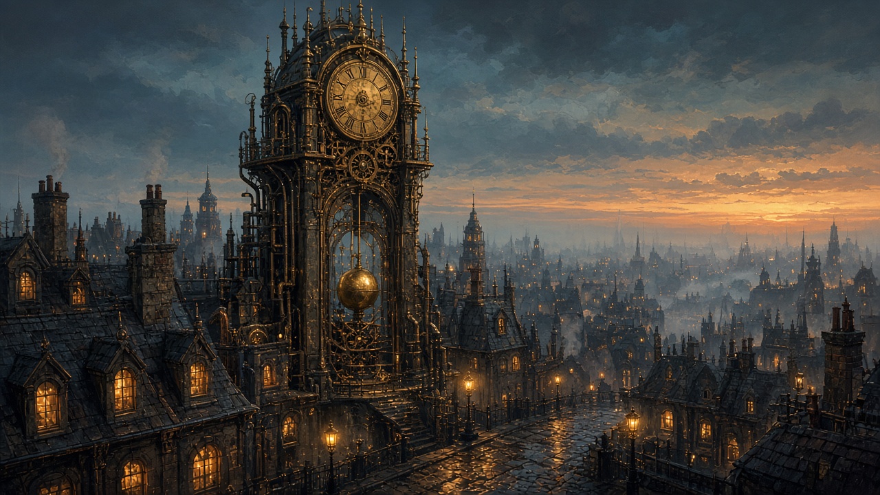 Brass clock tower and gaslit rooftops of Horologium at dusk